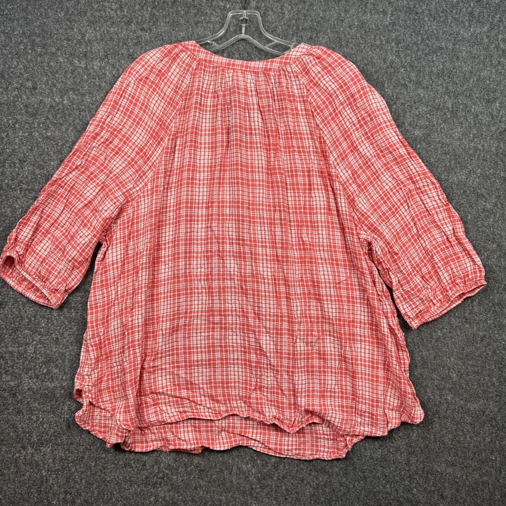 Catherines Top 2XWP 2X Petite Coral White Gingham Plaid Henley Blouse 3/4 Sleeve - Picture 2 of 7
